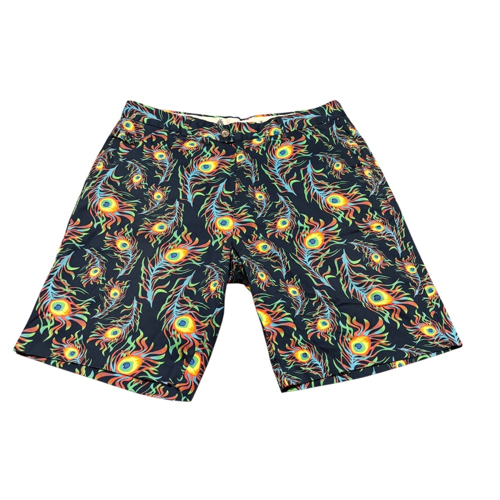 Royal & Awesome Mens 36 Peacock Feather Golf Shorts Navy Blue Multi Print DEW310